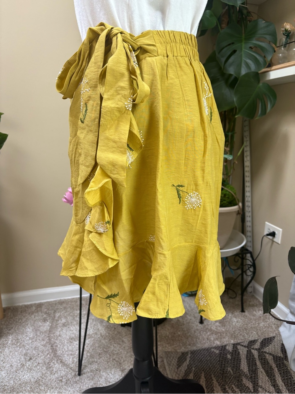 Anthropologie G.P.D. Embroidered Mustard Tie-Waist Ruffle Mini Skirt - Picture 4 of 9
